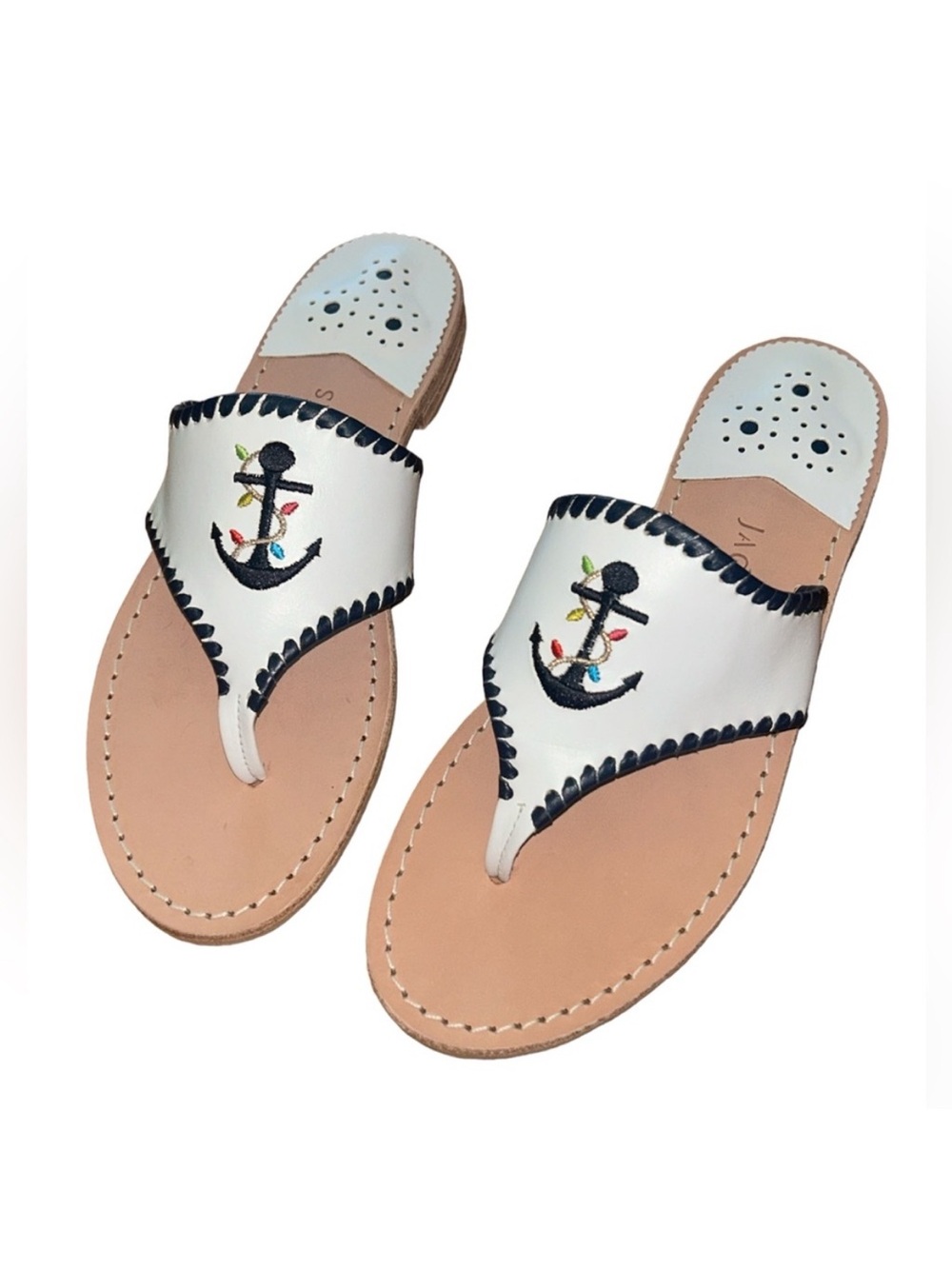 Jack Rogers White and Navy Blue Leather Anchor Embroidered Thong Sandals Size 9